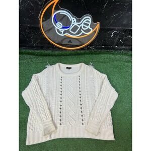 Ana‎ Ivory Boho Studded Fringe Cable Knit Sweater Oversized Women's Size XL